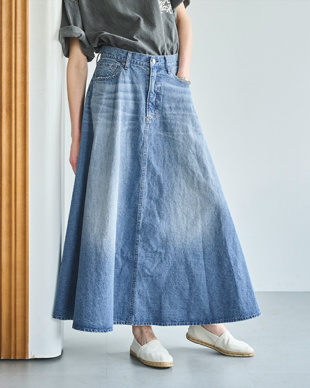 kha:ki(カーキ)8oz 綿麻 デニム フレア ロングスカート FLARED LONG SKIRT mil26ssk3104