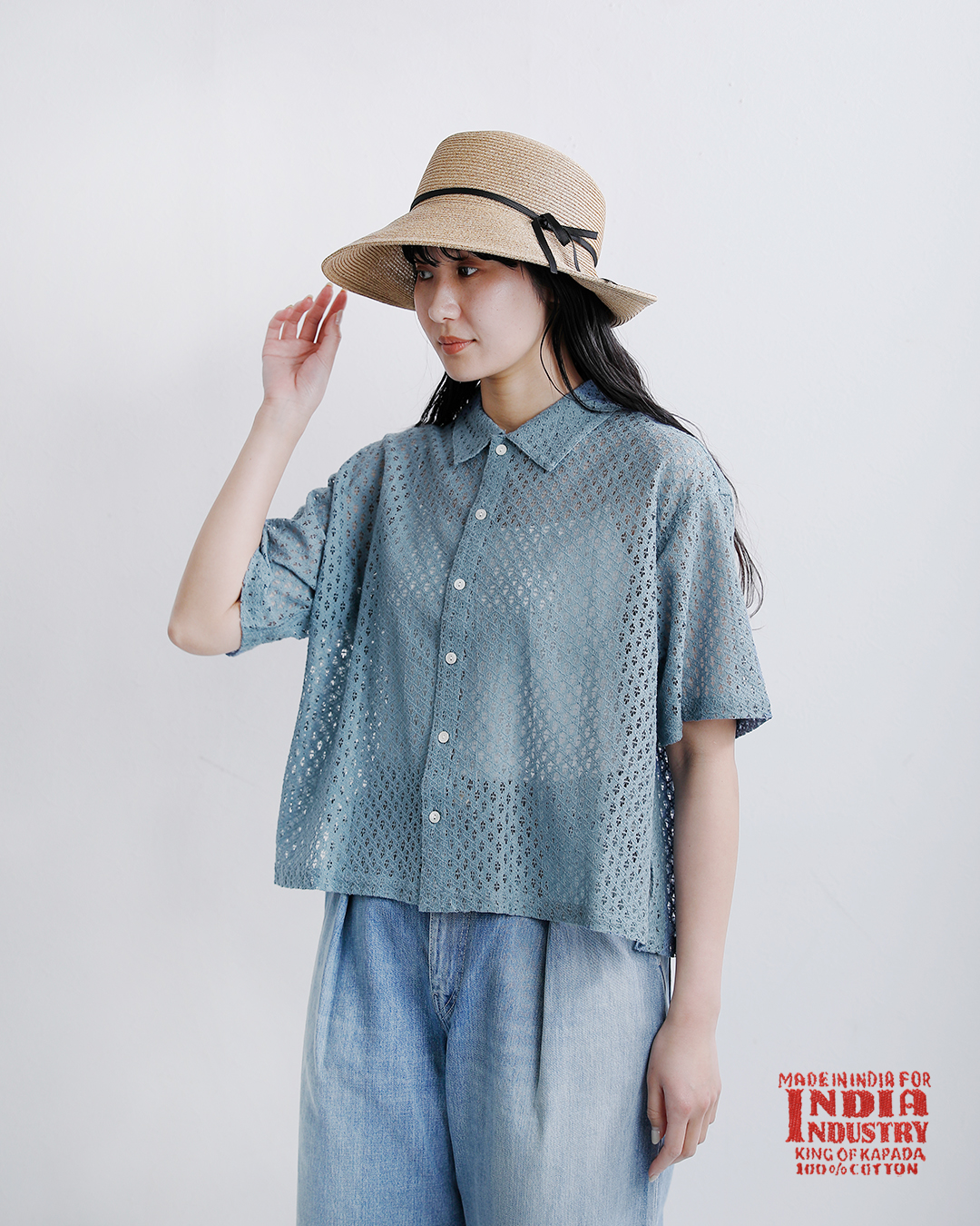 INDIA INDUSTRYコットン フラワーレース 衿付き 半袖シャツ nd-b0376ajl