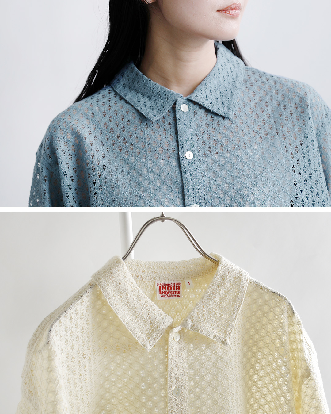 INDIA INDUSTRYコットン フラワーレース 衿付き 半袖シャツ nd-b0376ajl