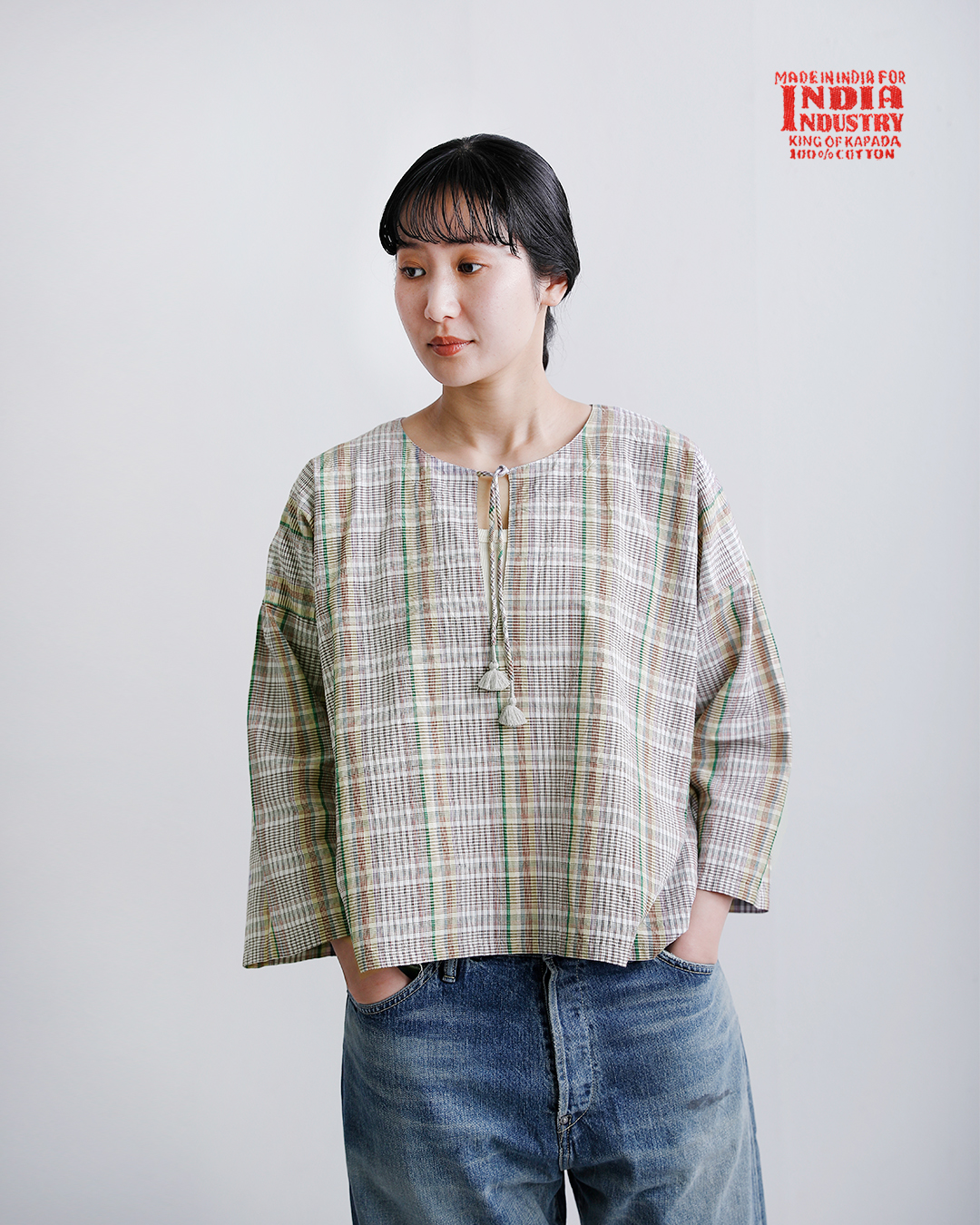INDIA INDUSTRYコットン マドラスチェック カフタン シャツ nd-b0467mcb