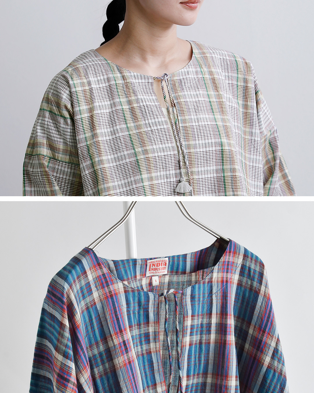 INDIA INDUSTRYコットン マドラスチェック カフタン シャツ nd-b0467mcb