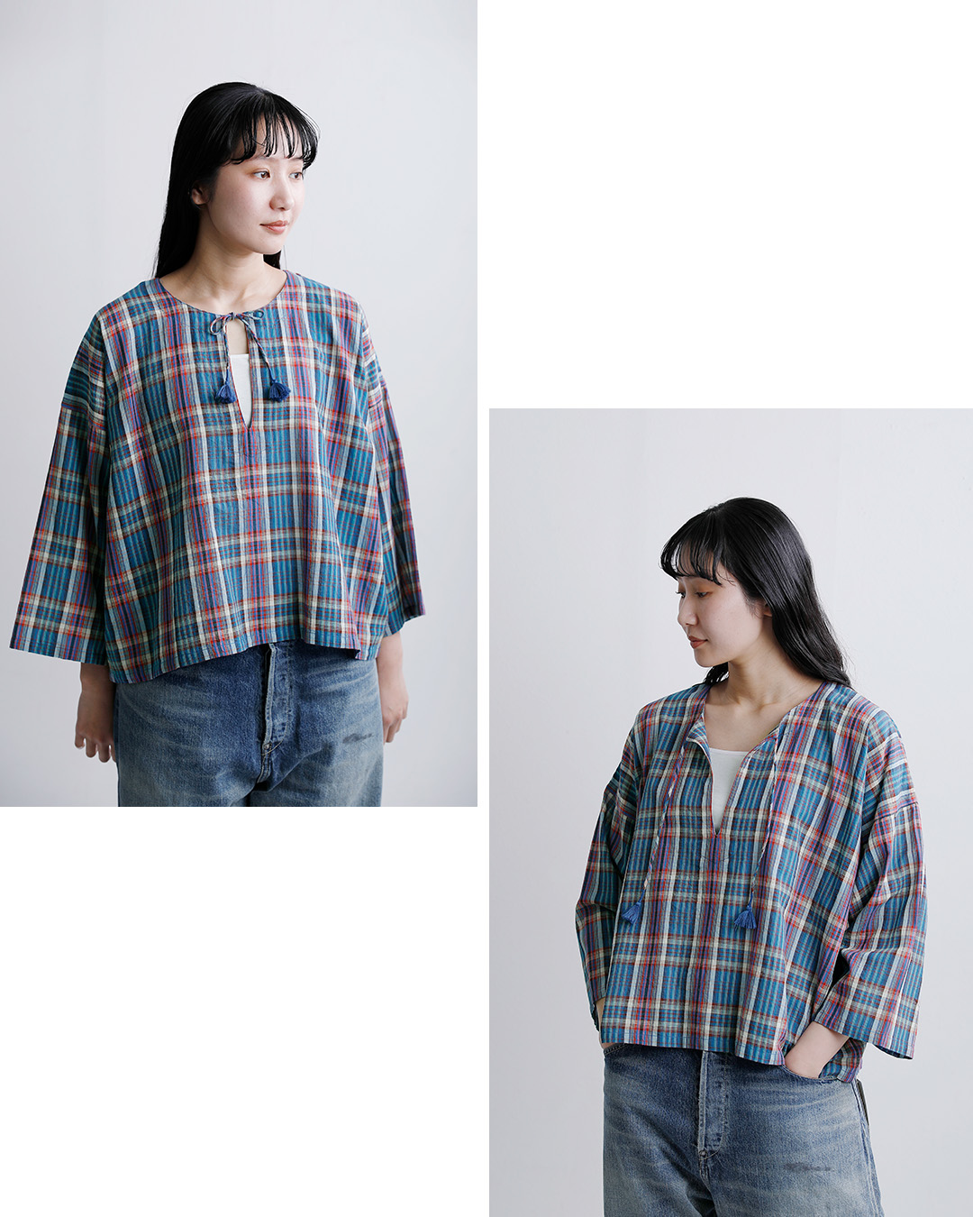 INDIA INDUSTRYコットン マドラスチェック カフタン シャツ nd-b0467mcb