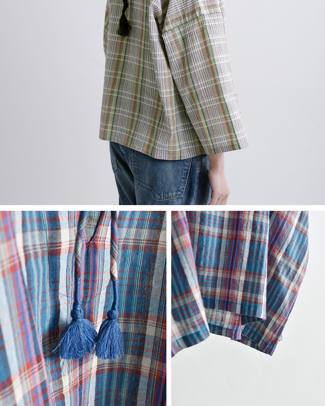 INDIA INDUSTRYコットン マドラスチェック カフタン シャツ nd-b0467mcb