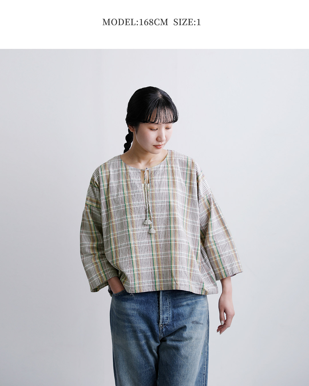 INDIA INDUSTRYコットン マドラスチェック カフタン シャツ nd-b0467mcb