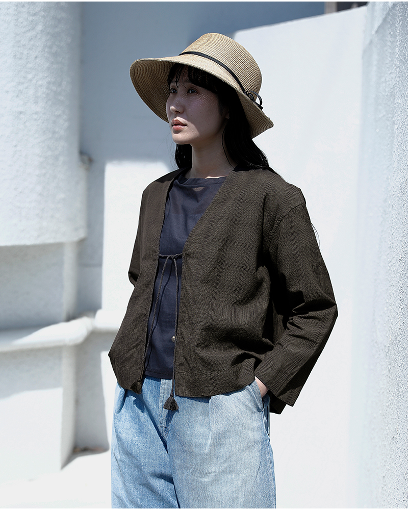 INDIA INDUSTRYコットン チェック Vネック カーディガンシャツ nd-b0469vds