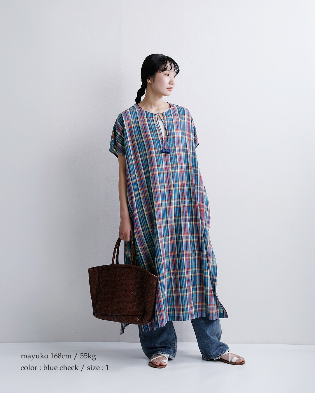 INDIA INDUSTRYコットン マドラスチェック カフタン ワンピース nd-g0123mcb