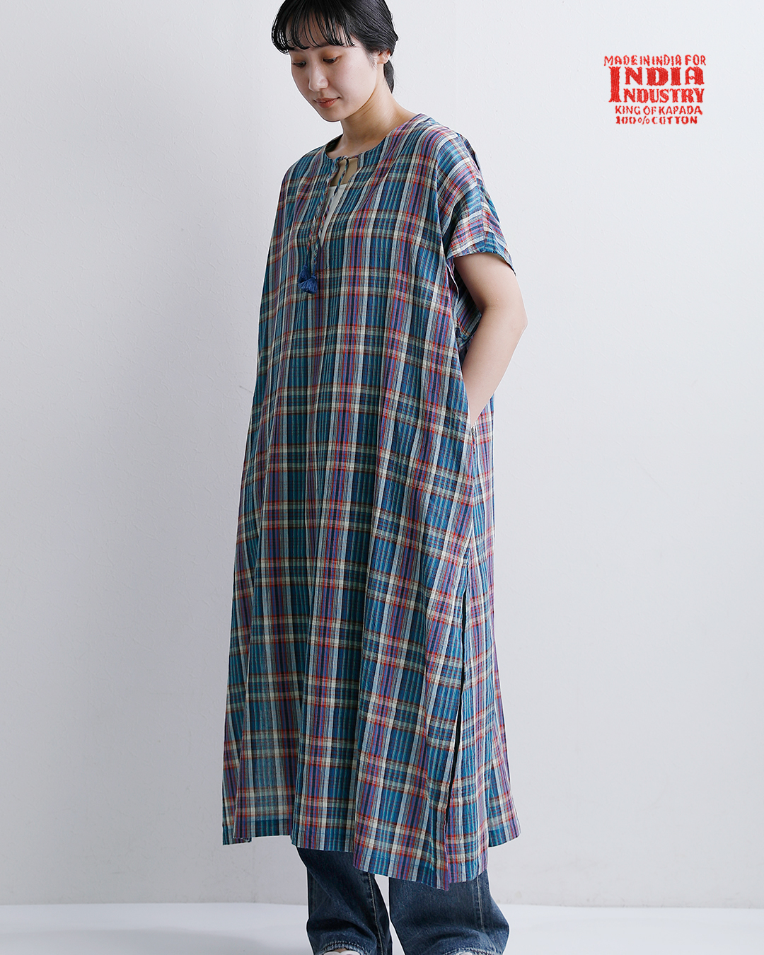 INDIA INDUSTRYコットン マドラスチェック カフタン ワンピース nd-g0123mcb