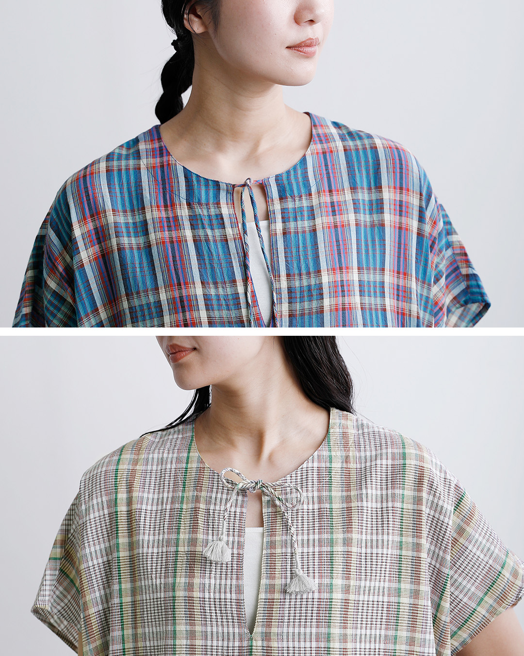 INDIA INDUSTRYコットン マドラスチェック カフタン ワンピース nd-g0123mcb