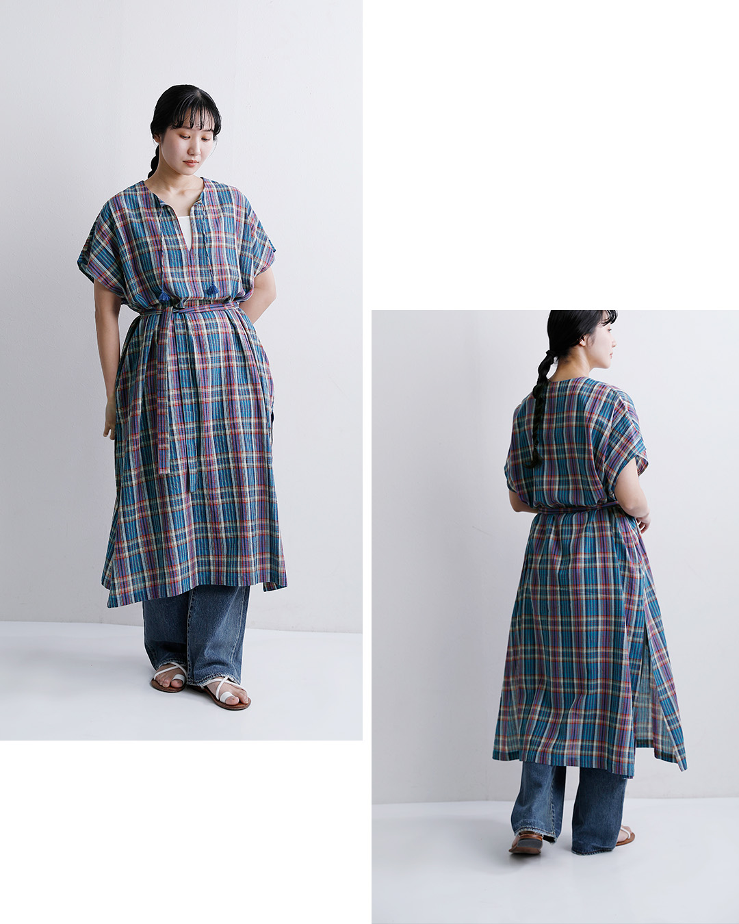 INDIA INDUSTRYコットン マドラスチェック カフタン ワンピース nd-g0123mcb