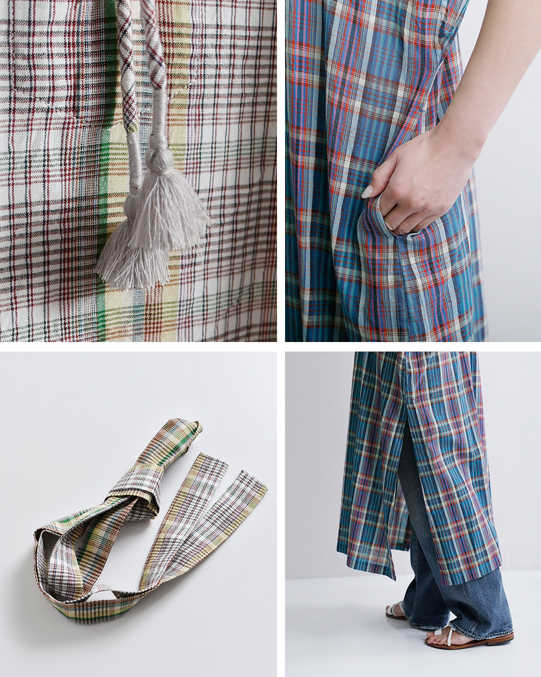 INDIA INDUSTRYコットン マドラスチェック カフタン ワンピース nd-g0123mcb