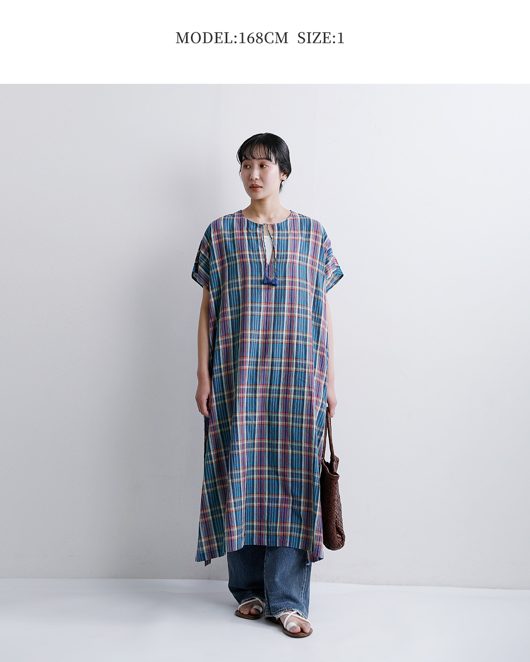 INDIA INDUSTRYコットン マドラスチェック カフタン ワンピース nd-g0123mcb