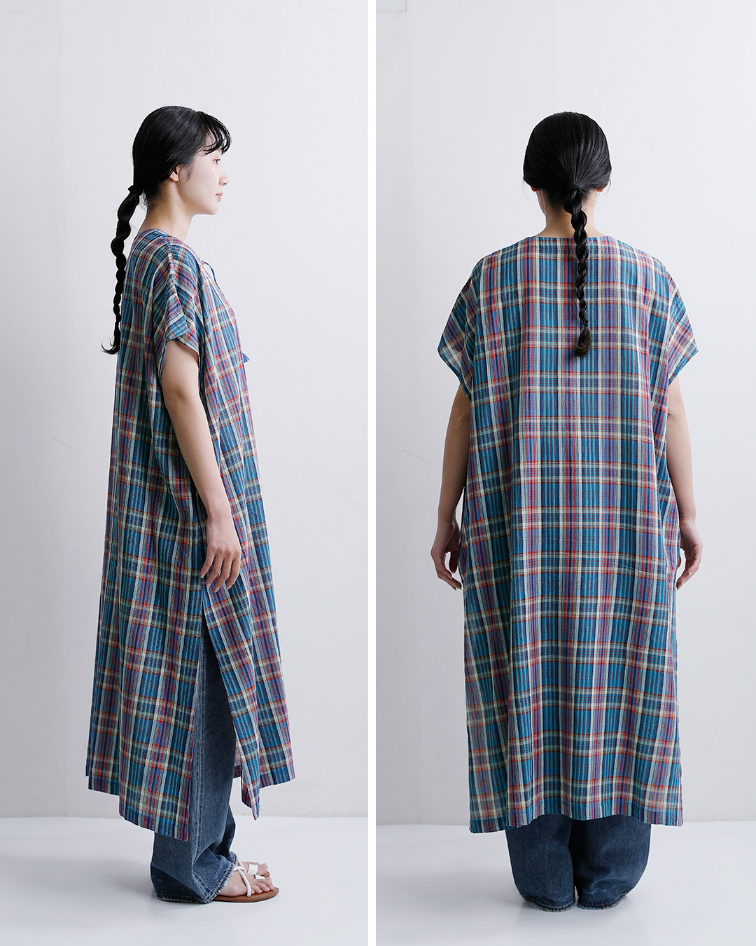 INDIA INDUSTRYコットン マドラスチェック カフタン ワンピース nd-g0123mcb