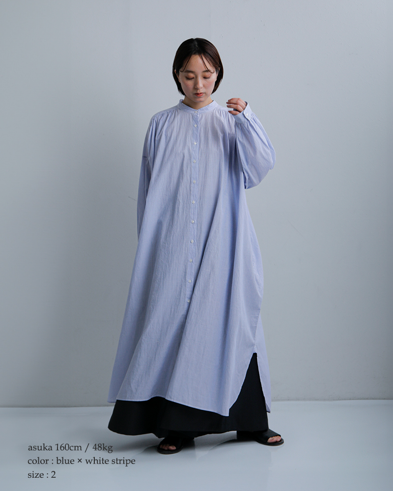SOIL(ソイル)コットンボイルストライプバンドカラーギャザーシャツドレスnsl26014