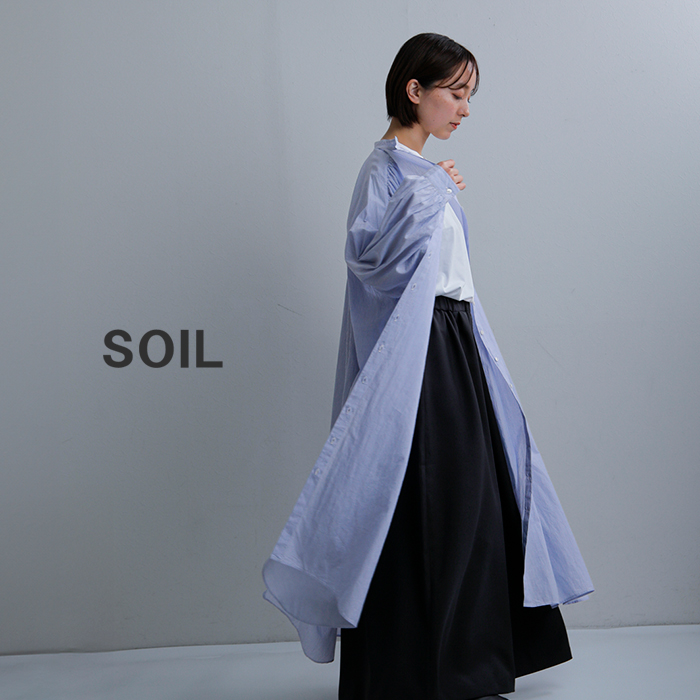 SOIL(ソイル)コットンボイルストライプバンドカラーギャザーシャツドレスnsl26014