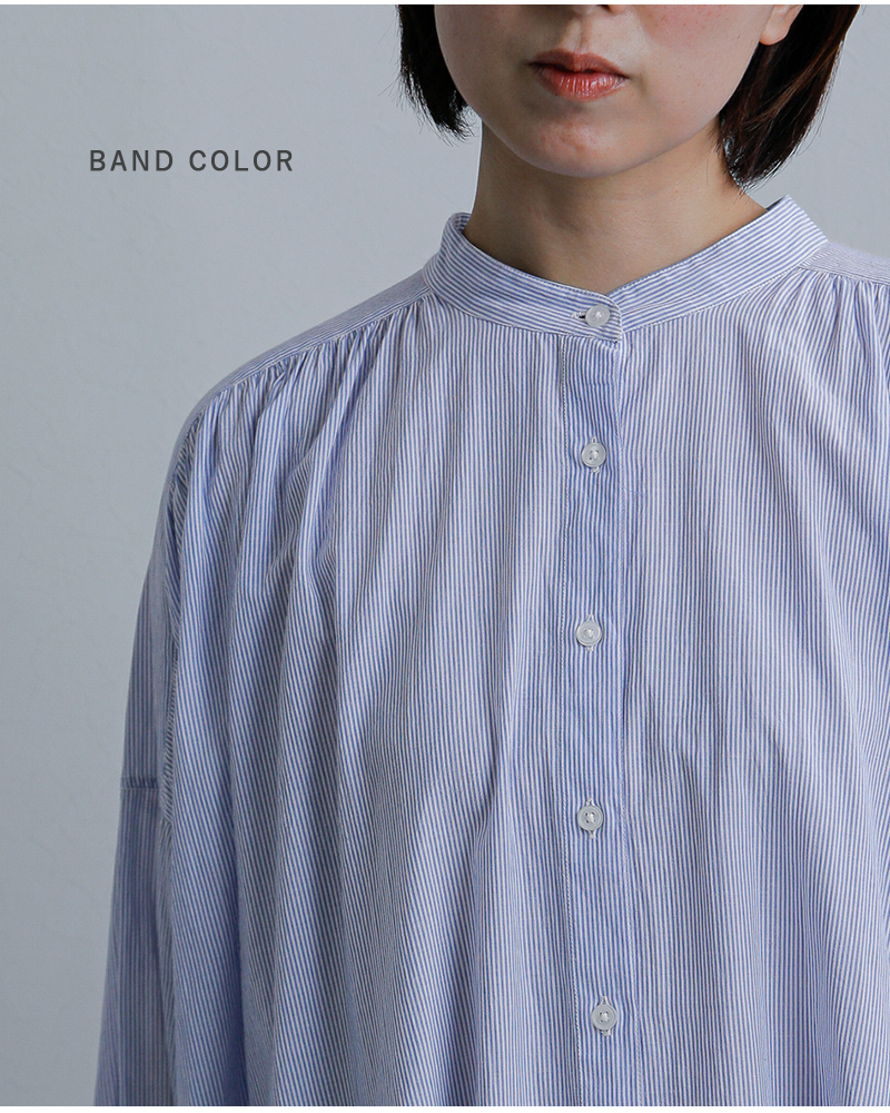 SOIL(ソイル)コットンボイルストライプバンドカラーギャザーシャツドレスnsl26014