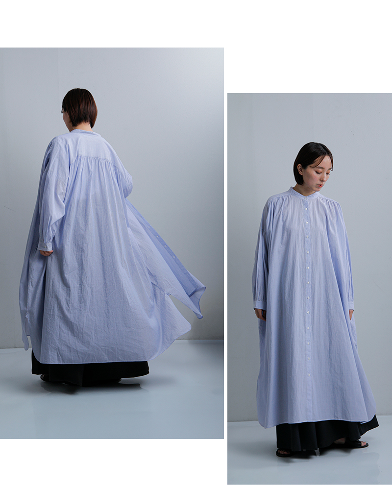 SOIL(ソイル)コットンボイルストライプバンドカラーギャザーシャツドレスnsl26014