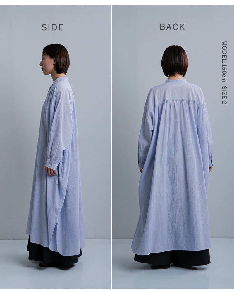 SOIL(ソイル)コットンボイルストライプバンドカラーギャザーシャツドレスnsl26014