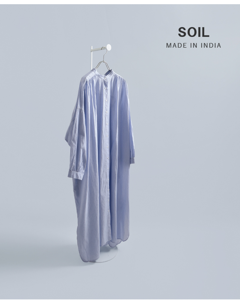 SOIL(ソイル)コットンボイルストライプバンドカラーギャザーシャツドレスnsl26014