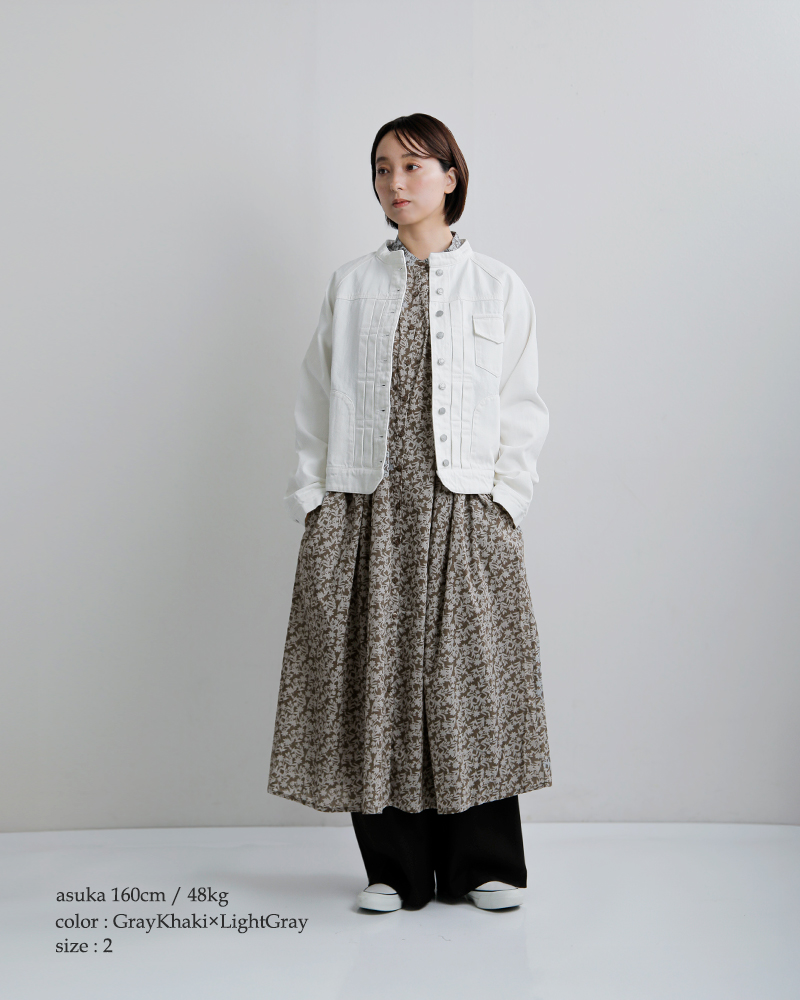 SOIL(ソイル)コットンボイルツートーンフラワープリントバンドカラーフレンチスリーブピンタックドレスnsl26073