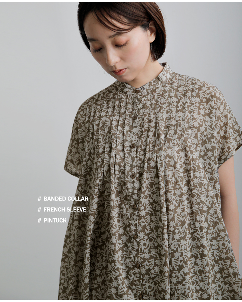 SOIL(ソイル)コットンボイルツートーンフラワープリントバンドカラーフレンチスリーブピンタックドレスnsl26073