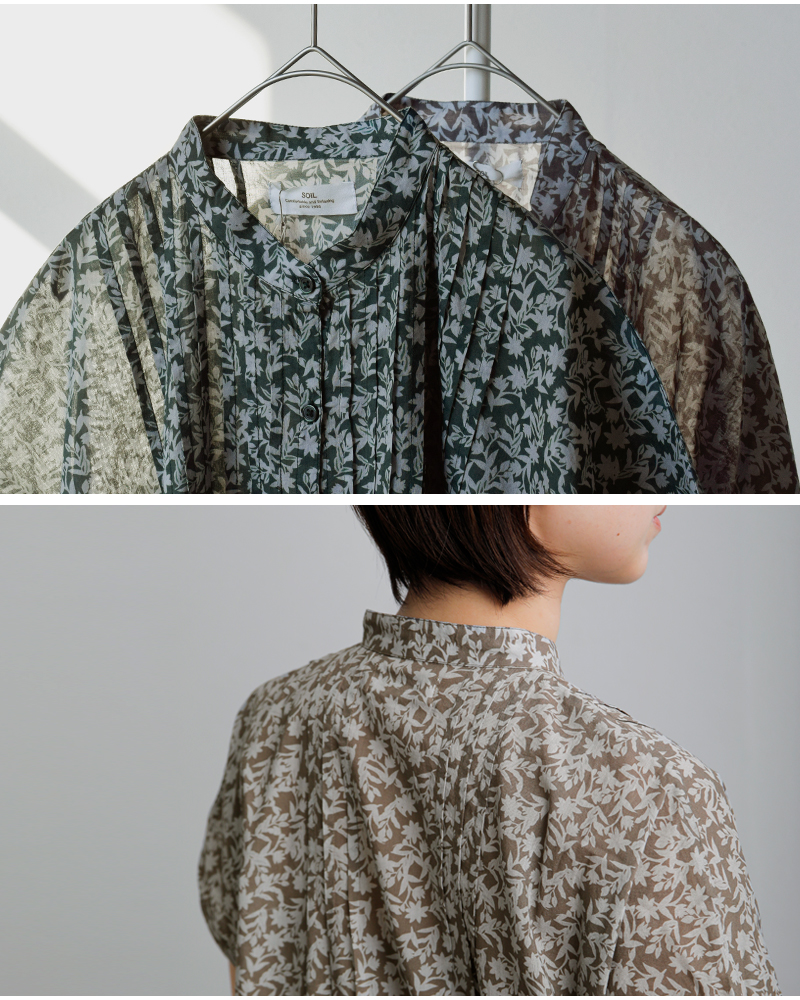 SOIL(ソイル)コットンボイルツートーンフラワープリントバンドカラーフレンチスリーブピンタックドレスnsl26073