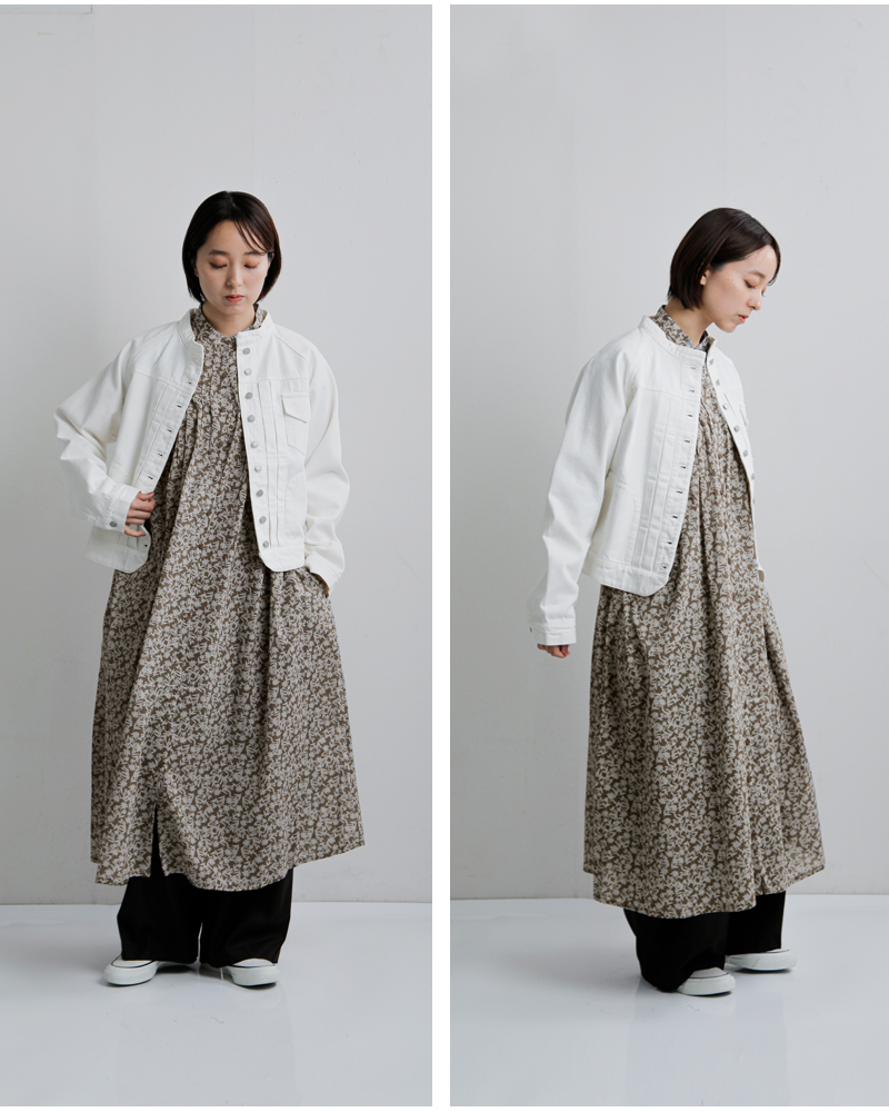 SOIL(ソイル)コットンボイルツートーンフラワープリントバンドカラーフレンチスリーブピンタックドレスnsl26073