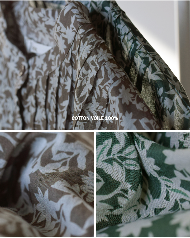 SOIL(ソイル)コットンボイルツートーンフラワープリントバンドカラーフレンチスリーブピンタックドレスnsl26073