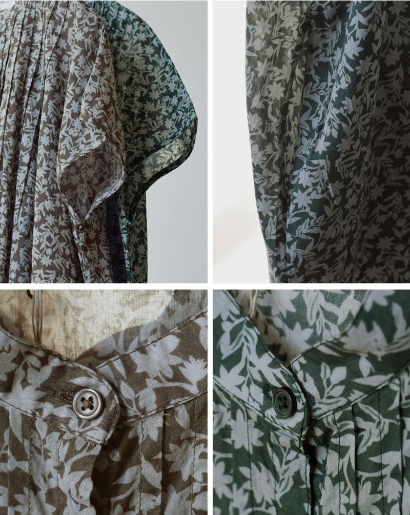 SOIL(ソイル)コットンボイルツートーンフラワープリントバンドカラーフレンチスリーブピンタックドレスnsl26073