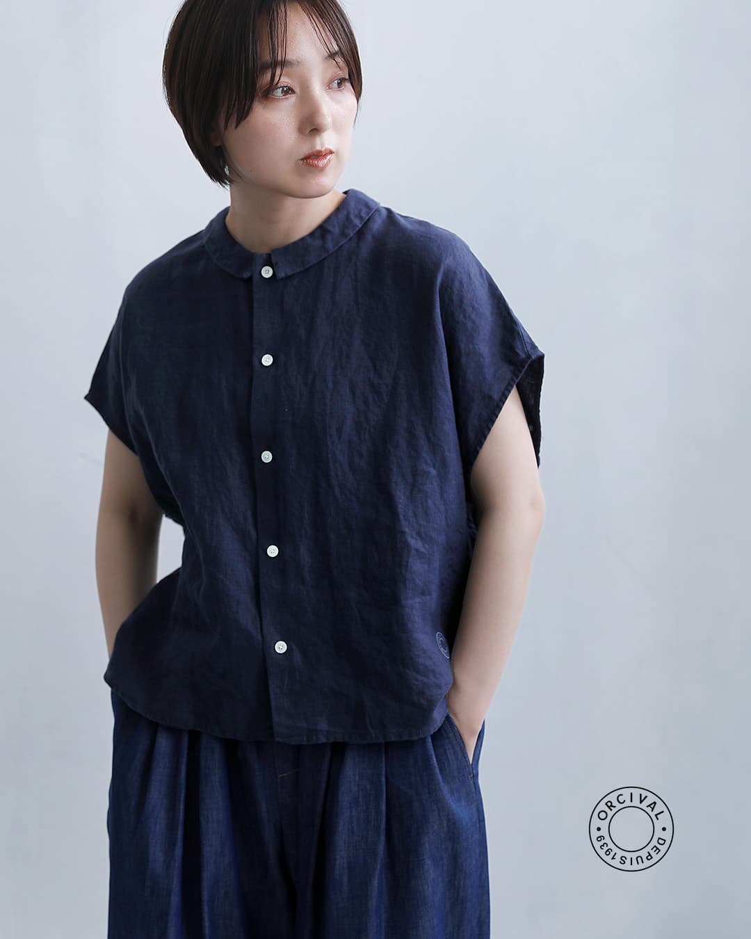 ORCIVALリネン フレンチスリーブ シャツ or-b0360ylm-26ss