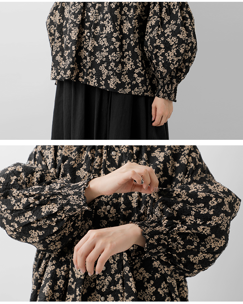 PARIS DE AOUNE(パリドゥアオウネ)フラワープリントバンドカラーシャーリングブラウスpa260bl029