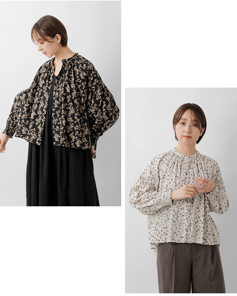 PARIS DE AOUNE(パリドゥアオウネ)フラワープリントバンドカラーシャーリングブラウスpa260bl029