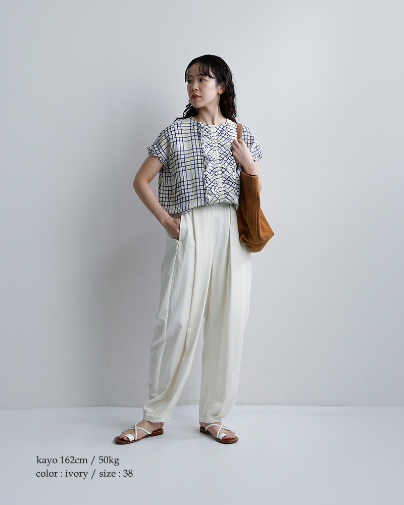 NOUVELLES DU PARADISリネン チェック フリル ワイド ブラウス pb26122