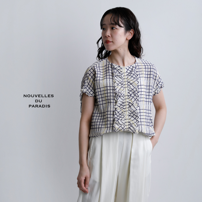 NOUVELLES DU PARADISリネン チェック フリル ワイド ブラウス pb26122