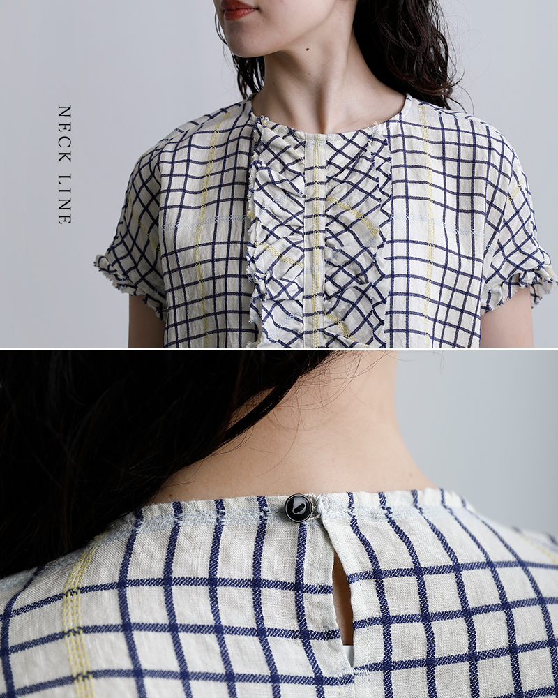 NOUVELLES DU PARADISリネン チェック フリル ワイド ブラウス pb26122