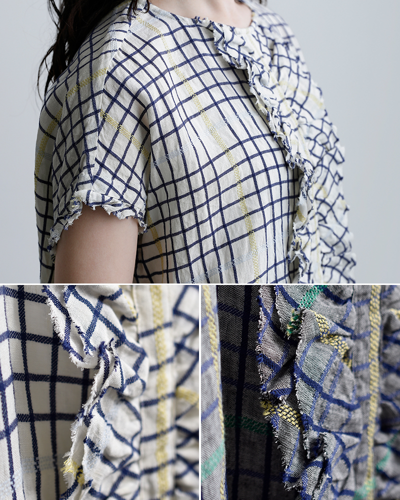 NOUVELLES DU PARADISリネン チェック フリル ワイド ブラウス pb26122