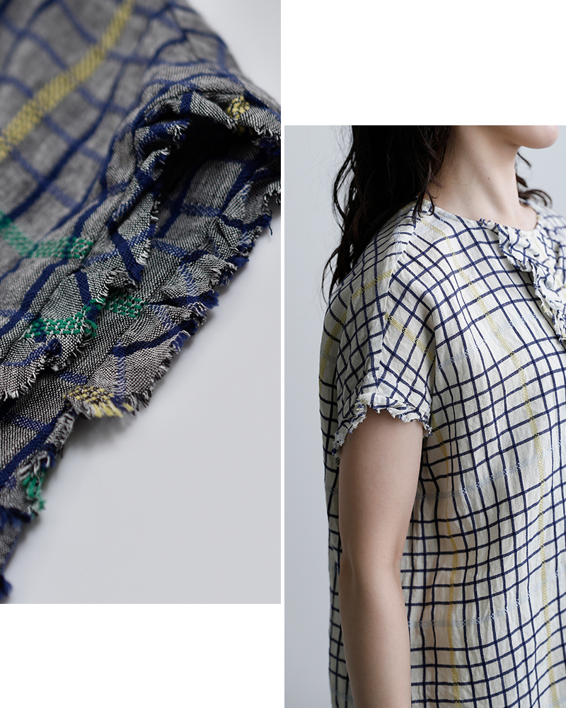 NOUVELLES DU PARADISリネン チェック フリル ワイド ブラウス pb26122