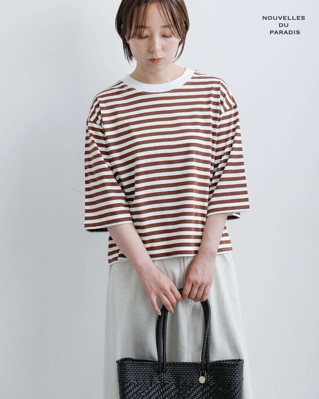 NOUVELLES DU PARADIS(ヌーベル ドゥ パラディ)aranciato別注 トロワ天竺 ボーダー ワイドハーフスリーブ Tシャツ pc25115
