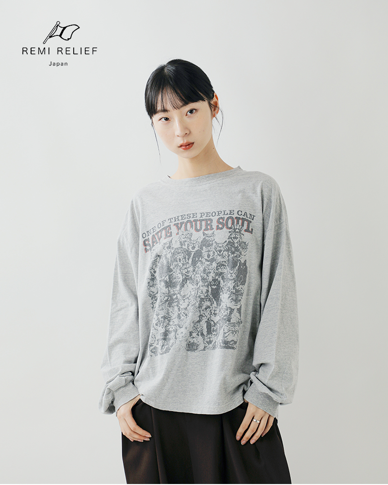 REMI RELIEF(レミレリーフ)HARDSP加工天竺コットンプリントロングTシャツ“CANSAVEYOURSOUL”rn30389134