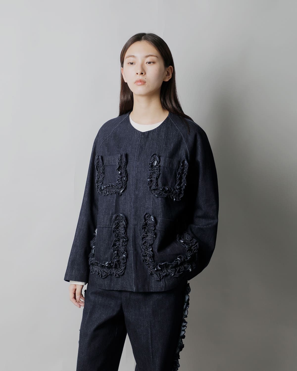 RHODOLIRIONデニム フリルポケット カバーオール “Frill Pockets Coveralls” sw1010