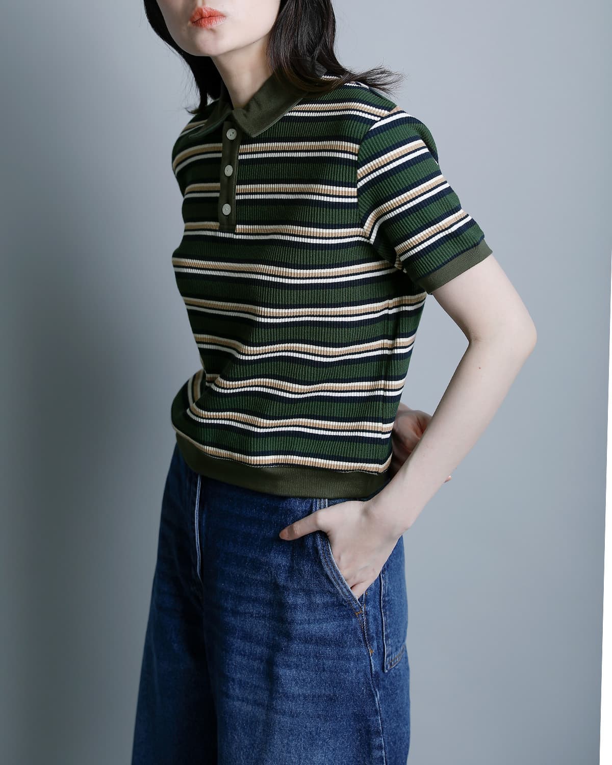 RHODOLIRIONコットン ランダムストライプ ポロシャツ “Polo Shirt” sw1071