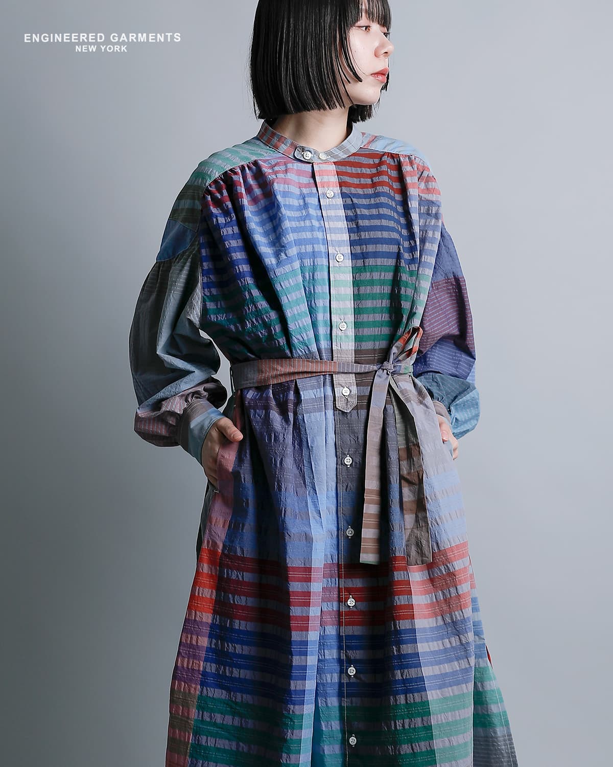ENGINEERED GARMENTSコットン ビッグプレイドチェック バンドカラー ペインタードレス “Banded Painter Dress” sw564