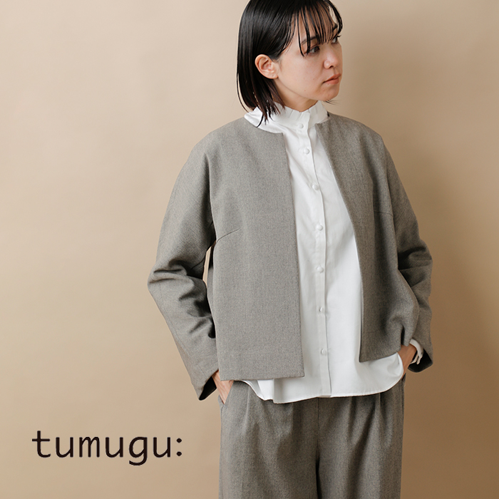 tumuguコットンサテンスタンドカラーブラウスtb19435a