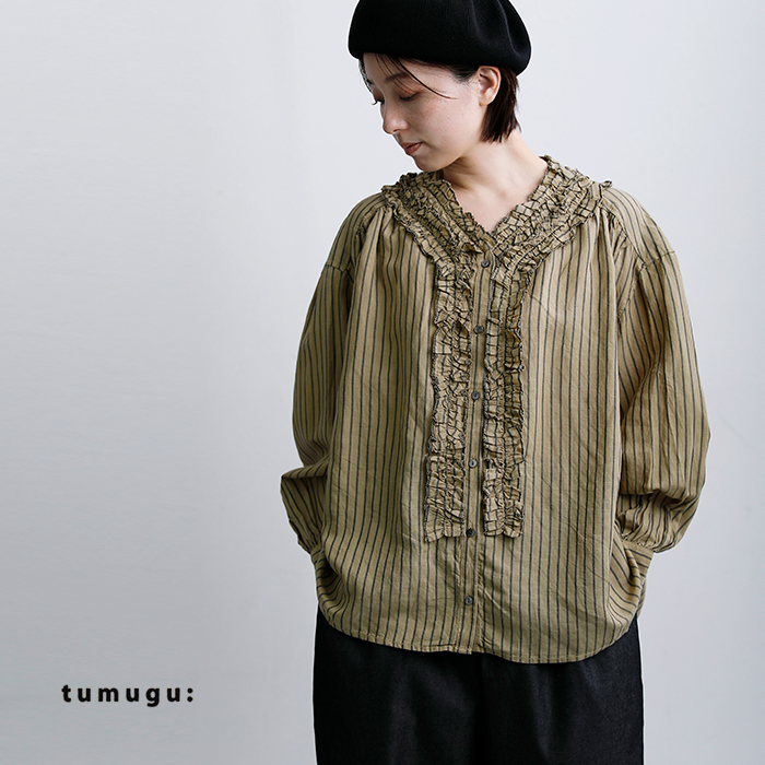 tumugu(ツムグ)ストライプフリルブラウスtb26101-b