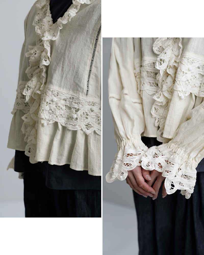 tumugu(ツムグ)コットン リネン キャンバス バテンレース ブラウス tb26121