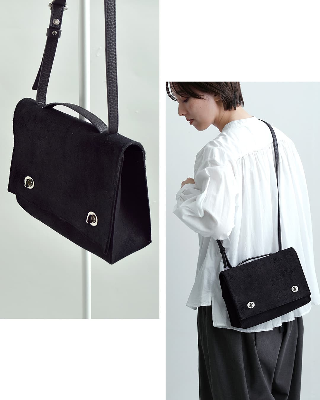 POMTATAカウレザースエード スクエア フラップショルダーバッグ TOGO SHOULDER BAG