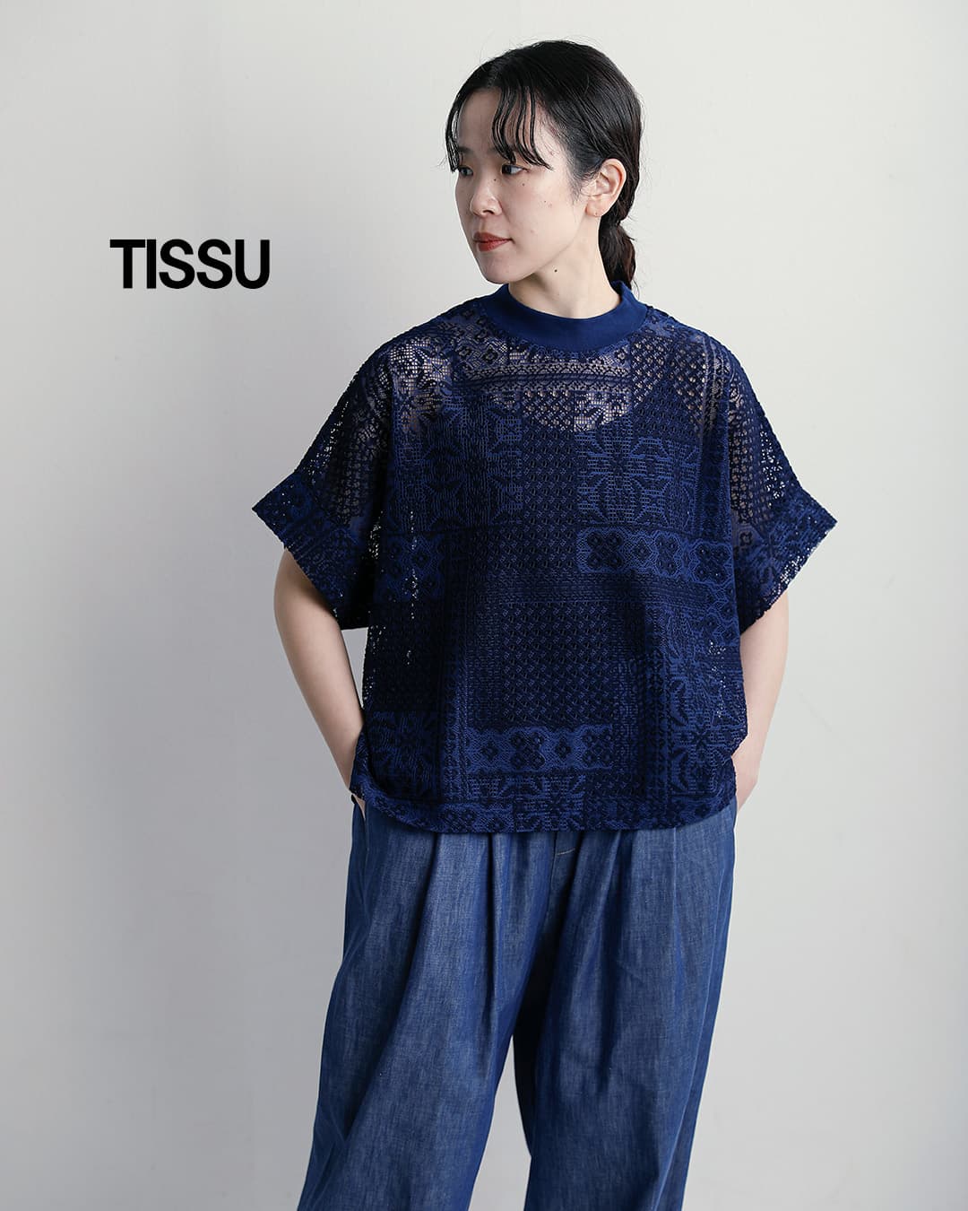 tissuパッチワークレース モックネック ドルマン Tシャツ ts260ct088