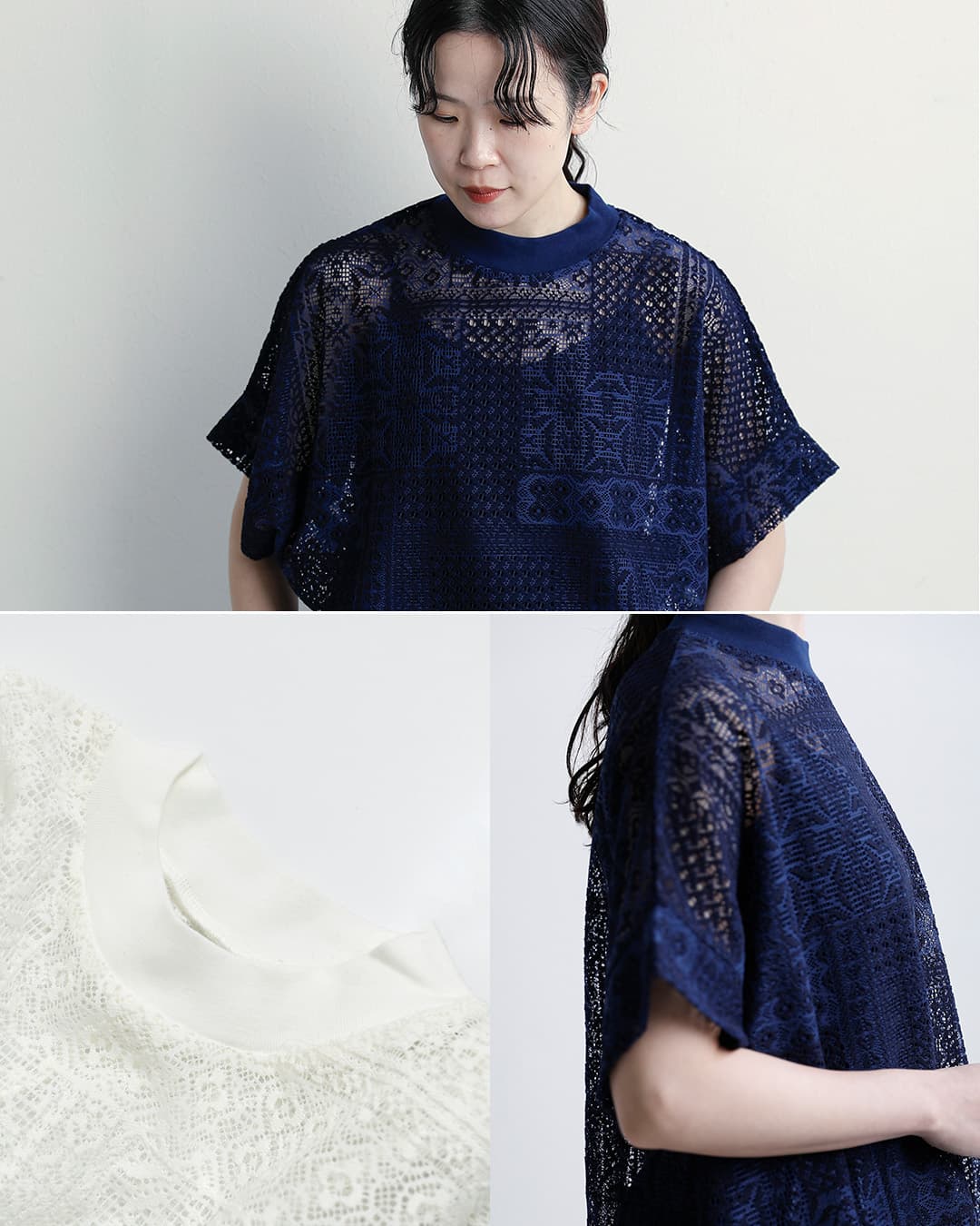 tissuパッチワークレース モックネック ドルマン Tシャツ ts260ct088