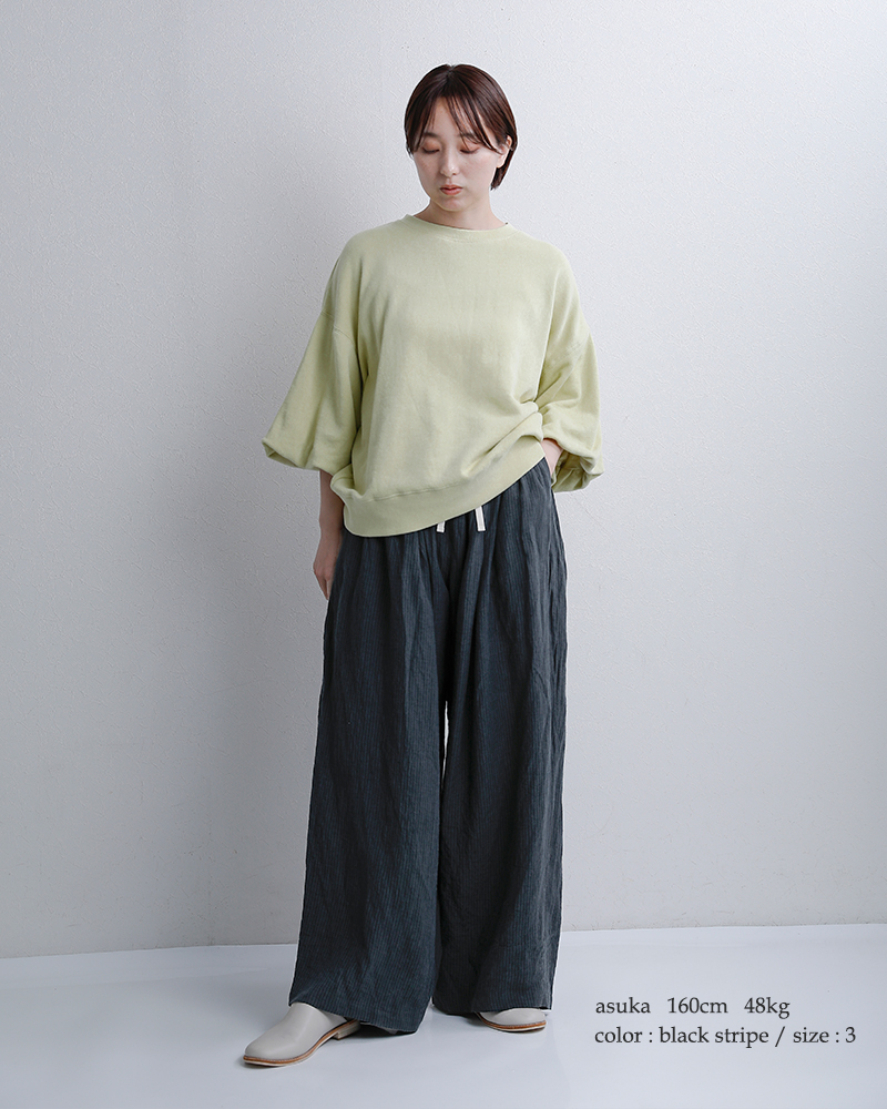 tissu(ティシュ)フレンチリネン/東炊きストライプギャザータックパンツts260pt074