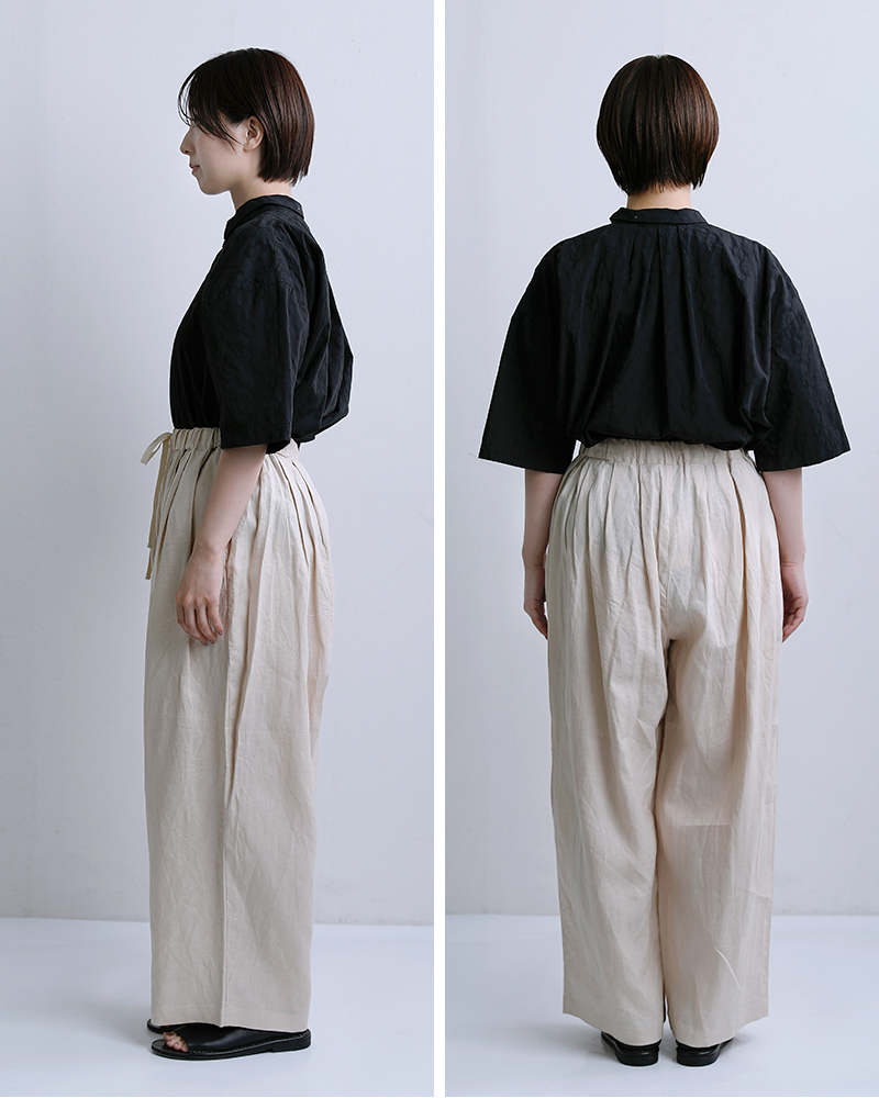 tissu(ティシュ)フレンチリネン/東炊きストライプギャザータックパンツts260pt074