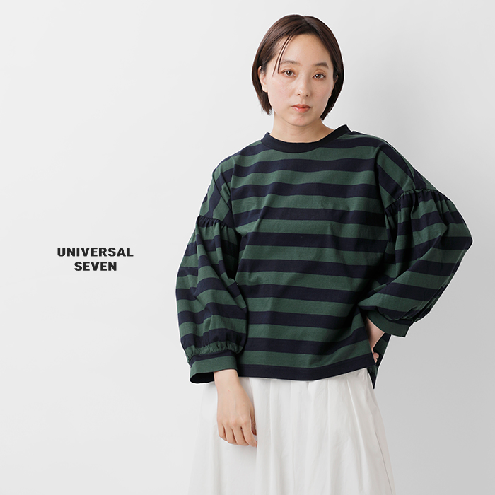 universal seven(ユニヴァーサルセブン)度詰め天竺ボーダーギャザーパフプルオーバーus260ct015